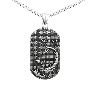 Pendentif Dog Tag Rétro en Acier Inoxydable 12 Signes du Zodiaque Relief Strass Noir Cadeau Bijoux pour Hommes Femmes