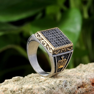 Retro square crown ring in silver and gold tone with black micro-pave crystals