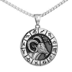 Collier Pendentif Zodiaque en Acier Inoxydable Vintage Douze Constellations Relief 3D Médaillon Rond Bijoux pour Hommes Femmes