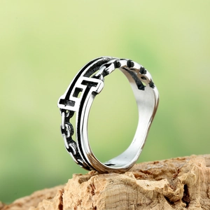 Vintage Stainless Steel Chain Ring For Men Women Punk Hollow Geometric Double T Design Polished Retro Silver Band Jewelry