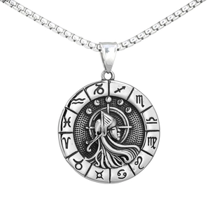 Collier vintage en acier inoxydable avec pendentif zodiaque et relief sur chaîne box