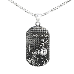 Collier pendentif zodiaque Verseau vintage en acier inoxydable avec micro-incrustations noires