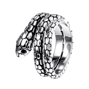 Vintage titanium steel snake ring with realistic scale texture and silver finish for men