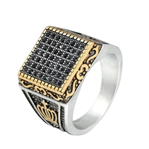 Vintage Stainless Steel Crown Square Ring For Men Women Black Rhinestone Studded Two Tone Gold Silver Signet Ring Punk Jewelry