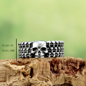 Gothic punk skull ring in vintage stainless steel with 10mm width and 8g weight specs