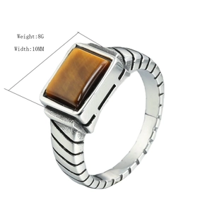 Vintage stainless steel ring for men with rectangular tiger eye stone inlay, 10mm width
