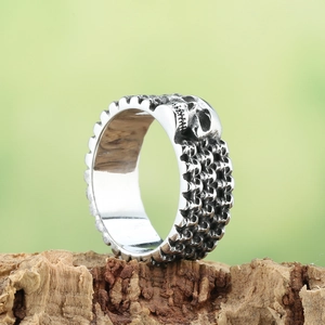 Gothic punk style silver skull relief wide band ring for men made of stainless steel