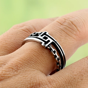 Punk style stainless steel hollow chain ring with vintage silver finish for men and women