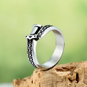 Vintage dagger shaped adjustable open ring with engraved stars in oxidized silver finish