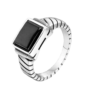 Vintage stainless steel ring for men featuring horizontal stripes and black rectangle stone