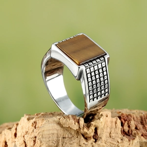 Vintage stainless steel signet ring for men featuring a square tiger eye stone inlay