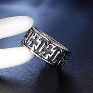 Men's retro stainless steel ring with relief cross pattern in silver-black finish