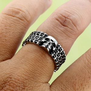 Punk style stainless steel skull ring with tank chain band texture for men