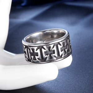 Retro stainless steel men's wide ring with black gothic cross pattern and silver finish