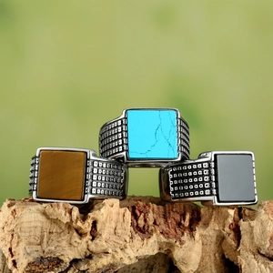 Retro Stainless Steel Square Signet Ring For Men With Turquoise Tiger's Eye Inlay Polished Vintage Jewelry Accessory