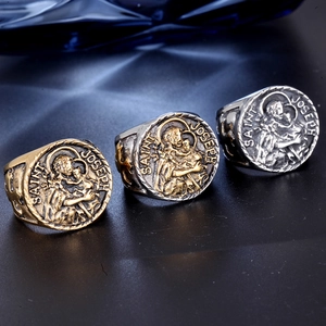 Vintage Saint Joseph signet rings in gold and silver finishes with religious relief