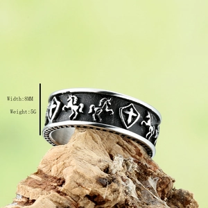 Vintage stainless steel cross and horse signet ring for men with 8mm band width