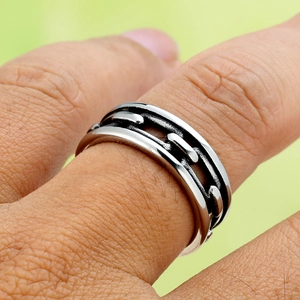 Vintage silver titanium steel chain link ring for men with industrial hollow design