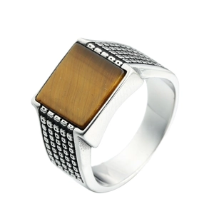 Vintage stainless steel ring for men with square tiger's eye stone and textured band