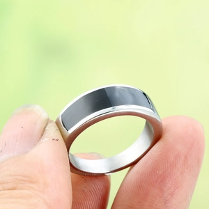 Minimalist silver titanium steel ring with black epoxy inlay for men and women