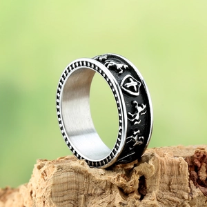 Vintage Titanium Steel Cross Horse Shield Relief Ring For Men Retro Punk Biker Wide Band Ring Polished Jewelry Accessory