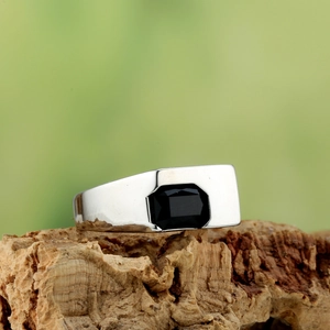 Men's minimalist wide silver band ring with a rectangular black zircon gemstone inlay