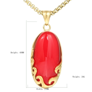 Pendente ovale in pietra occhio di gatto rosso con collana in acciaio inox dorato