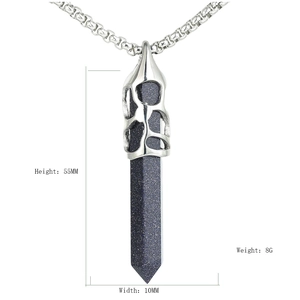 Pendentif rétro en pierre de sable bleu hexagonale avec dimensions et capuchon argenté
