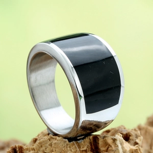 Vintage Punk Stainless Steel Black Enamel Ring For Men Women Minimalist Silver Color Wide Band Finger Ring Jewelry Gift