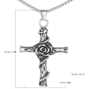 Retro stainless steel cross necklace with rose detail and dimensions on white background