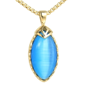 Collier en acier titane doré avec pendentif marquise en pierre œil-de-chat bleue sur blanc
