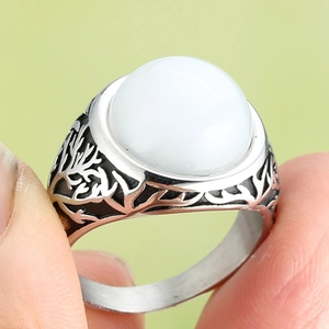 Vintage Stainless Steel Tree Of Life Ring For Men With Round Gemstone Retro Gothic Style Jewelry For Daily Party Gifts