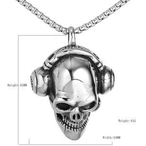 Hip hop style skull necklace with headphones, stainless steel pendant with size and weight