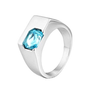 Silver signet ring with rectangular blue zircon stone shown on a clean white background