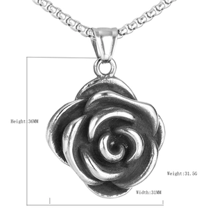 Retro stainless steel 3D rose pendant necklace with vintage silver finish and measurements