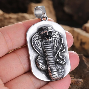Vintage stainless steel cobra snake pendant with antique silver finish in gothic style