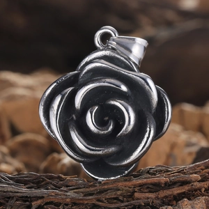 Vintage stainless steel rose pendant necklace with 3D engraved floral details
