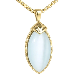 Collier avec pendentif marquise doré orné d'une pierre œil-de-chat bleu clair translucide