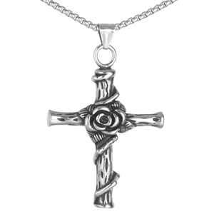 Vintage Stainless Steel Rose Cross Pendant For Men Gothic Hip Hop Retro Jewelry Relief Flower Steel Color Single Pendant Square Box Chain