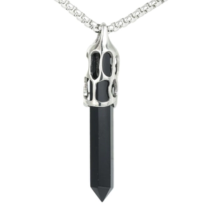Pendentif pilier en pierre noire hexagonale rétro avec cage argentée sur chaîne box