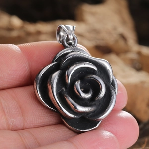 Retro stainless steel rose flower pendant necklace with antique silver finish