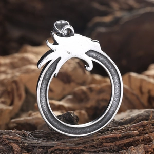 Retro punk dragon pendant in polished titanium steel on a textured wood background