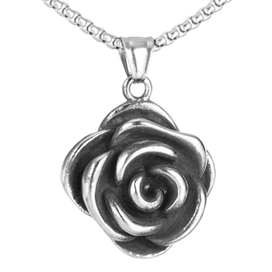 Vintage Stainless Steel 3D Rose Flower Pendant Necklace For Men Women Gothic Retro Jewelry Gift Polished Steel Necklace