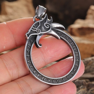 Retro punk titanium steel dragon pendant featuring Norse Elder Futhark rune ring engraving