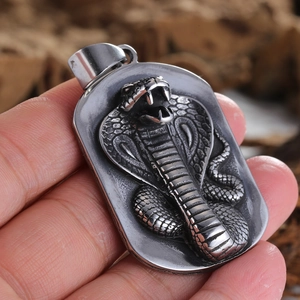 3D Cobra snake pendant in vintage stainless steel with detailed scales and textures