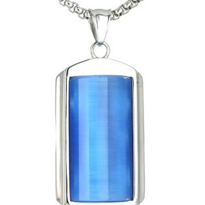 Unisex silver stainless steel necklace with rectangular deep blue tiger eye stone pendant