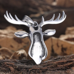 Vintage stainless steel elk head pendant necklace with polished and brushed silver finish