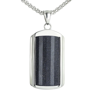 Minimalist hip-hop style rectangular titanium steel pendant necklace with blue sandstone inlay