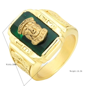 Macro view of gold champion ring with green gemstone and Walton's relief detail