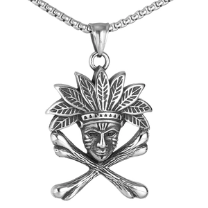 Pendentif Crâne de Chef Indien Vintage Hip Hop en Acier Inoxydable 316 Coiffe à Plumes Os Croisés Bijoux Punk